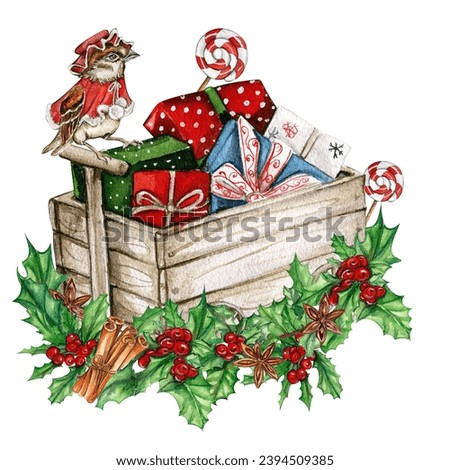 Christmas gifts in the wooden cart. Watercolor hand drawn illustration for invitations, greeting cards, prints, packaging and more. Merry Christmas and happy new year.