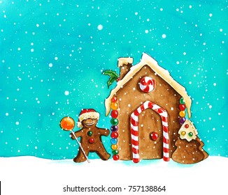 Christmas Gingerbread House Watercolor Illustration