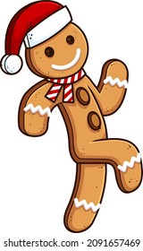 Christmas Gingerbread Man Cartoon Character Running. Raster Hand Drawn Illustration Isolated On Transparent Background