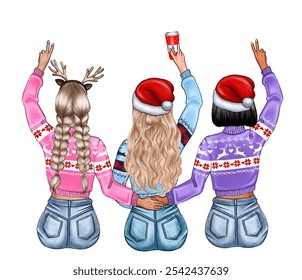 Christmas girls sitting with their backs to each other. The illustration is perfect for creating a best friends Christmas card. - Powered by Shutterstock