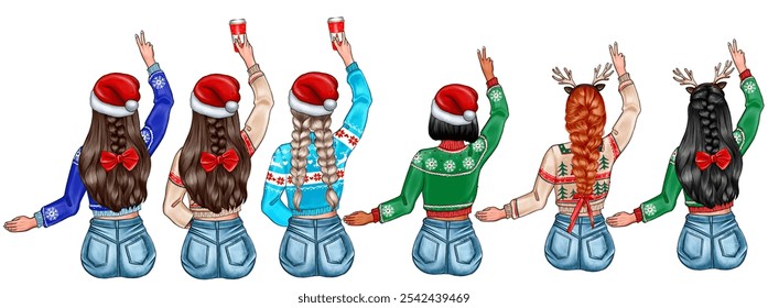 Christmas girls sitting with their backs to each other. The illustration is perfect for creating a best friends Christmas card. - Powered by Shutterstock