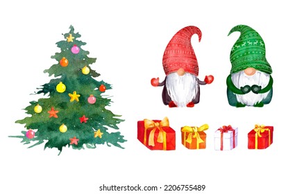 Christmas Gnomes Set. Watercolor Clip Art - Christmas Tree With Decorative Balls, Gift Boxes, Family Of Nordic Cartoon Character Dwarf. New Year, Xmas Holiday Card Design Collection