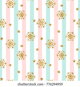 Christmas gold snowflake seamless pattern. Golden glitter snowflakes on blue pink white line background. Winter snow texture design wallpaper Symbol holiday New Year celebration illustration