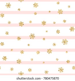 Christmas gold snowflake seamless pattern. Golden glitter snowflakes on pink white lines background. Winter snow texture design wallpaper Symbol holiday, New Year celebration illustration