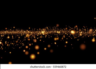 Christmas Golden Light Shine Particles Bokeh On Black Background, Holiday Concept