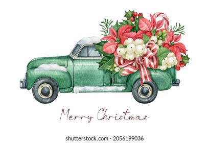 Christmas Green Truck With Poinsettia Flower Bouquet, Holly Leaves,candy Cane, Stripped Bow Ribbon. Farmhouse Vintage Car,Winter Rustic Truck,Watercolor Xmas Truck,pickup Truck 