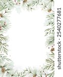 Christmas greenery fir branches frame. Borders for holiday greeting card and invitation. Watercolour Illustration. Hand painted winter plants. Xmas template.