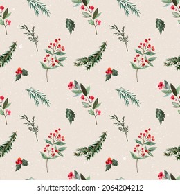 Christmas Greenery Seamless Pattern On Snowy Beige Background. Watercolor Winter Pine Branches And Red Berries. Botanical Print.