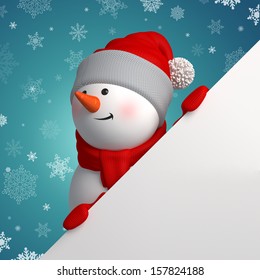 Christmas Greeting Card, 3d Snowman Looking Up And Holding Blank Page Corner