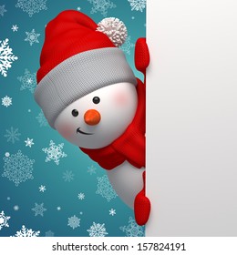 Christmas Greeting Card, 3d Snowman Looking At Camera And Holding Blank Page