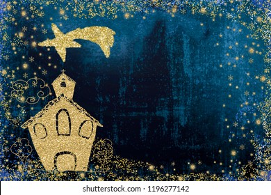 Christmas Greeting Card. Child's Drawing Of A Church With The Star Of Bethlehem On Blue Background