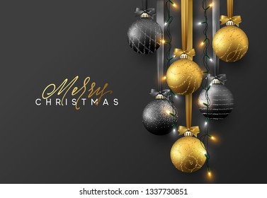 Christmas greeting card, design of xmas ball with realistic garlands on dark background. - Powered by Shutterstock