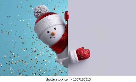 Christmas Greeting Card Mockup. 3d Snowman Holding Blank Banner, Looking At Camera. Winter Holiday Background With Gold Confetti. Happy New Year. Funny Festive Character.