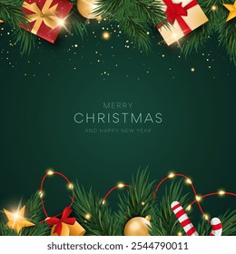 Christmas greetings background design. Christmas greeting text with pine tree, candy cane and gift boxes ornaments and decoration elements in red elegant background. - Powered by Shutterstock