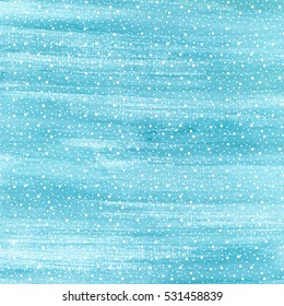 Christmas and Happy New Year background. Hand drawn turquoise blue watercolor abstract texture with snowflakes. Falling snow raster holiday backdrop for card.