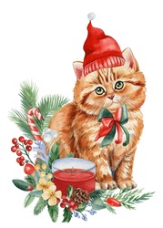 Christmas Holiday Animal Postcard, Cute Cat In Santa Hat, Watercolor Illustration