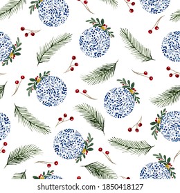 Christmas holiday background, seamless repeat pattern with watercolor Christmas ornaments, fir tree and berries, Christmas and winter holiday watercolor decoration 