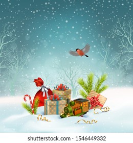 Christmas holiday background. winter landscape. Red sack, gifts and a toy train with coniferous branches in the snow - Powered by Shutterstock