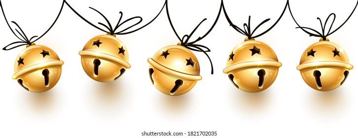 Christmas Holiday Decoration Garland Of Golden Jingle Bells On The Rope. Festive Seamless Pattern With Banner With Realistic Bronze Sleigh Bells Handing For Christmas Greeting Card. 3D Illustration.