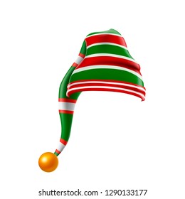 Christmas Holiday Hat.3D, Funky Red And Green Stripped Cartoon Christmas  Elf Hat Isolated, Kids Elf Hat Icon Or Label