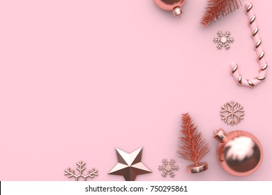 christmas holiday new year concept minimal pink background abstract snow star christmas tree ball candy pink metallic glossy-rose gold 3d rendering