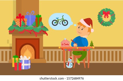 Christmas Holidays Small Boy Writing Letter To Santa Claus Raster. Fireplace With Presents And Gifts, Kid Wishing For Bicycle, Wreath Decoration Of Home