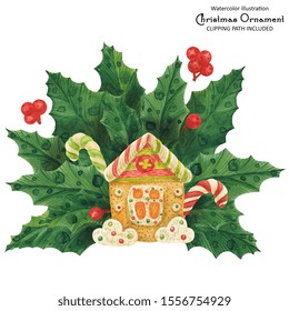 Christmas holly bouquet with gingerbread house and candy canes, isolated watercolor illustration and clipping path