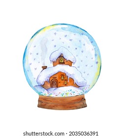 Christmas House In Snowglobe, Snowball. Watercolor Magical Ball With Magic Building In Snow, Globe With Winter Landscape