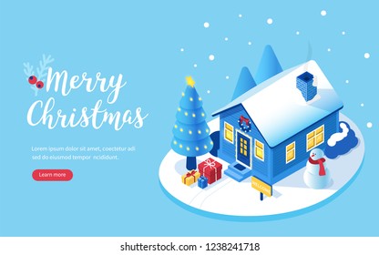 Christmas House, Tree And Gift Boxes. Can Use For Web Banner, Infographics, Hero Images. Flat Isometric  Illustration Isolated On White Background.