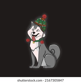 Christmas Husky In A Winter Hat