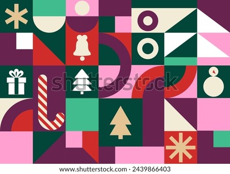 Christmas icons elements with geometric  pattern for wrapping paper, background, wallpaper. Holiday season, Trendy, contemporary abstract design. Modern style. Flat illustration.