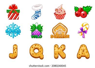 Christmas Icons For Slots. Complete Set Icons For Casino Slot Game On A Separate Layer. Assets 2D Game. Similar JPG Copy