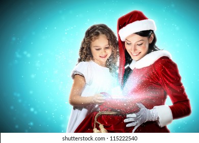 Christmas illlustration of little girl with christmas gifts and santa - Powered by Shutterstock