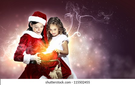 Christmas illlustration of little girl with christmas gifts and santa - Powered by Shutterstock