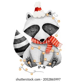 Christmas Illustration With Cute Raccoon.