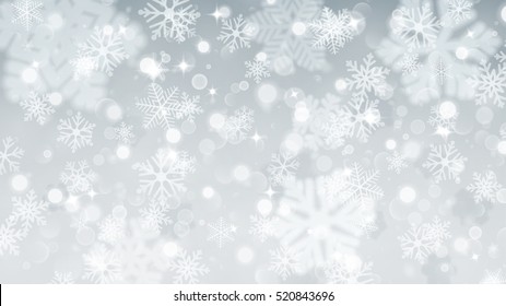 Christmas illustration with white blurred and clear snowflakes on gray background