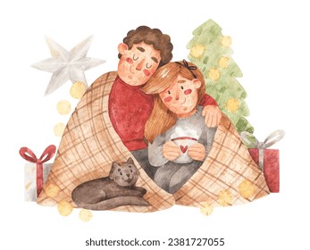 Christmas illustration of young man and woman sitting under Christmas tree. Hand-drawn watercolor couple with gifts - Powered by Shutterstock