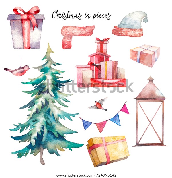 クリスマスイラストセット 水彩ビンテージオブジェクト ギフトボックス クリスマスツリー ランタン ブルフィンチ 旗のガーランド 服 白い背景に分離型のホリデーアイコン のイラスト素材