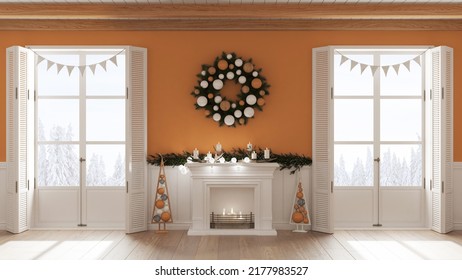 Christmas Interior Design, Living Room With Fireplace In White And Orange Tones, Wooden Beam Ceiling And Panoramic Windows On Winter Landscape. Party Decorations, Contemporary Style, 3d Illustration