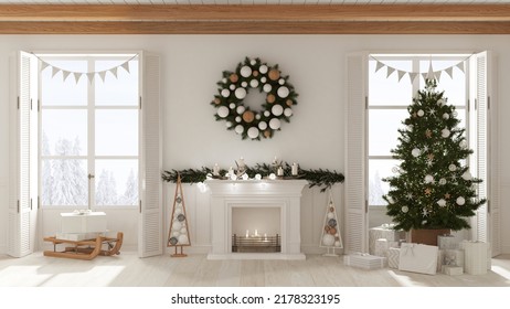 Christmas interior design, living room with fireplace in white tones, decorated tree and panoramic windows on winter landscape. New year party, contemporary style, 3d illustration - Powered by Shutterstock