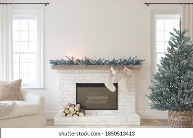 Christmas Interior with fireplace. Farmhouse style. Interior mockup. 3d render.