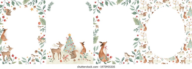 Christmas invitation frame template with woodland animals and winter foliage watercolor illustration