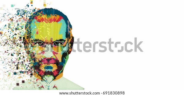 Christmas Island, Australia, August 8, 2017:: an illustration in the art style in the form of a mosaic Steve Jobs. Fragmented by pixels.