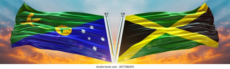 Christmas Island Flag and Jamaica Flag waving with texture sky clouds and sunset Double Flag - 3D illustration - 3D render