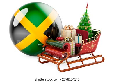 Christmas in Jamaica, concept. Christmas Santa sleigh full of gifts with Jamaican flag. 3D rendering isolated on white background