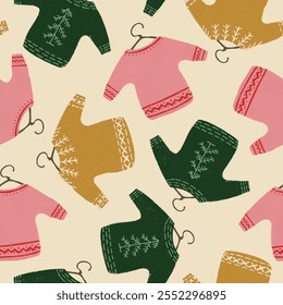 Christmas jumpers seamless pattern. Sweater weather print. Season repeating background. Cozy autumn sweaters wallpaper. Perfect for wrapping, packaging, stationary, textiles, scrapbooking. - Powered by Shutterstock