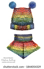 Christmas knitted hat and collar, rainbow colors, watercolor illustration with clipping path