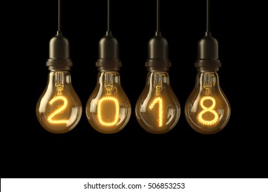 Christmas lamp light bulbs Illuminated new year 2018 on black background. 3D illustration - Powered by Shutterstock