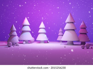 Christmas Landscape. Three-dimensional Fir Trees In Snow. Christmas Background. Purple Background 3d. Visualization Of Winter Forest. Christmas Wallpaper. Background With New Year Forest. 3d Image