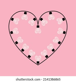 Christmas Light. Heart Frame. One Line Garland String. Happy Valentines Day. Glowing Lamp Light Bulb. Continuous Line Art. Black Hearts. Decoration Element. Love Sign Symbol Pink Background.